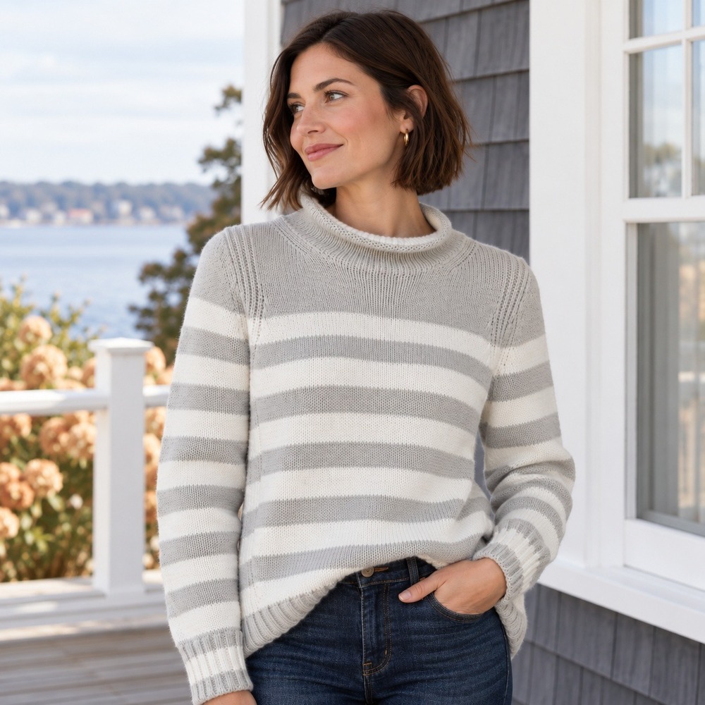 J. Crew Womens 1988 Rollneck Sweater XS Gray White Striped Cotton Knit Preppy